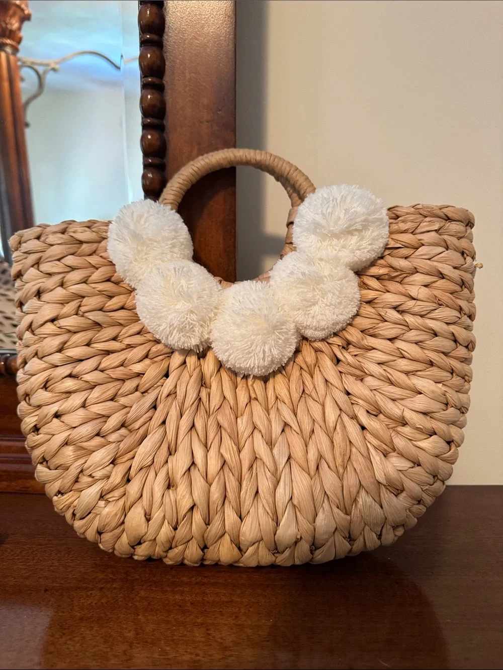 Straw Woven Pom-Pom Handbag in Natural
